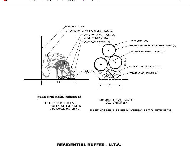 Residential buffer planting detail showing a 20-foot section