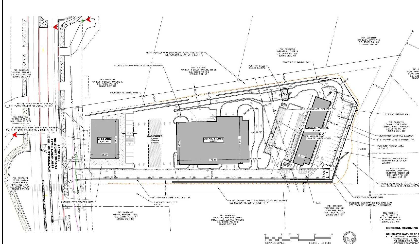 Site plan showing commercial uses beside adjoining residential parcels