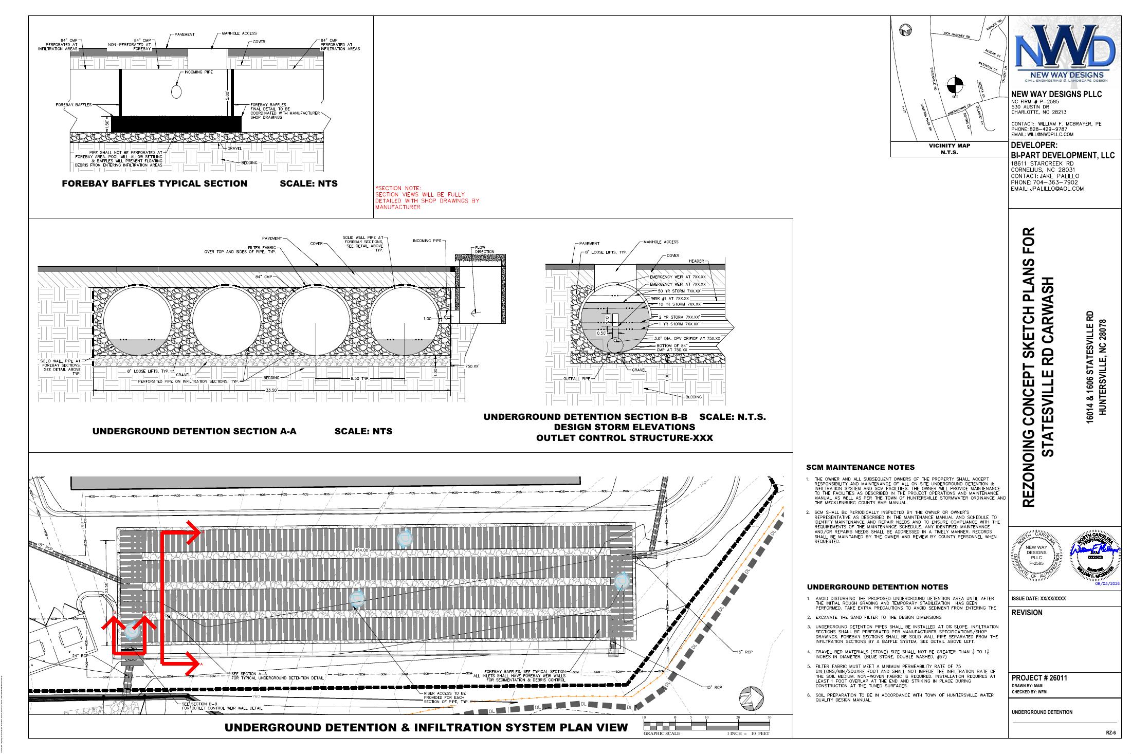 RZ-6 underground detention and infiltration plan with outlet details and maintenance notes