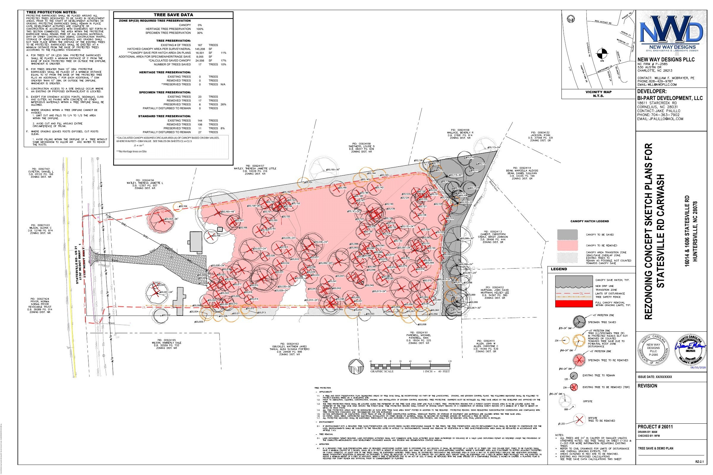Tree demolition plan with broad areas of canopy removal shaded pink and preserved areas gray