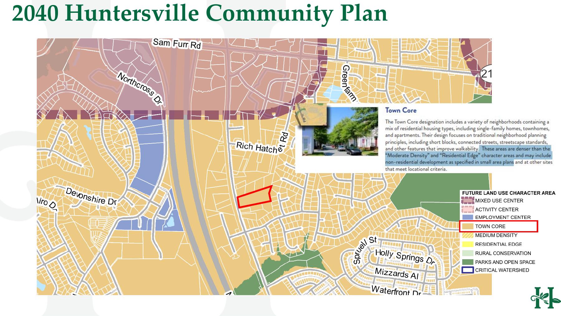Town pre-development slide showing the subject parcel in the Town Core character area